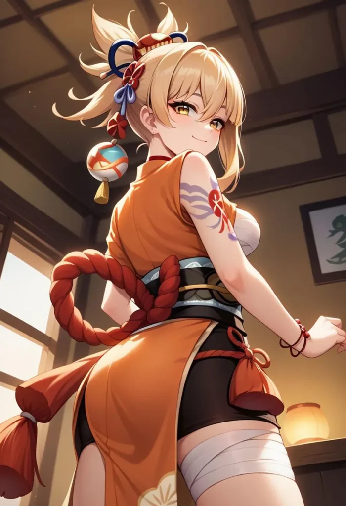A beautifully detailed AI generated anime image using stable diffusion, featuring a girl with blonde hair in a samurai-inspired outfit, looking over her shoulder with a slight smile.
