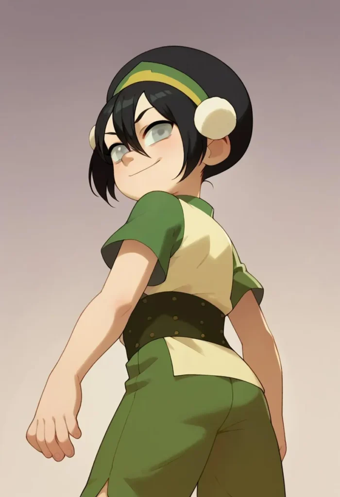 An AI-generated image using stable diffusion of a confident anime character smiling while looking back, wearing a green and cream outfit with a black and green hat.