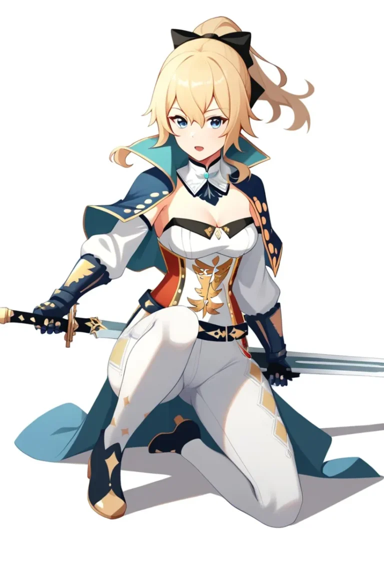 Anime warrior girl with long blonde hair tied in a ponytail, wearing a blue and white outfit with gold designs, holding a sword. AI generated image using Stable Diffusion.