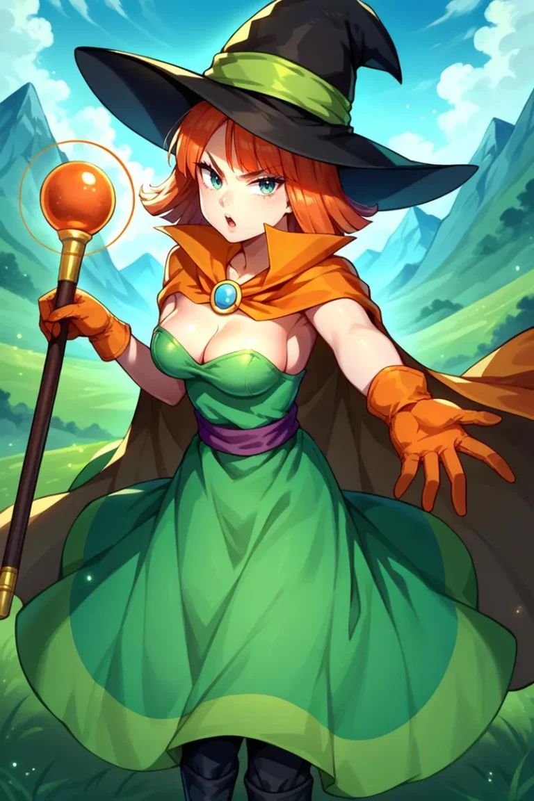 Anime-style witch with orange hair, a black hat, and a green dress holding a staff, generated by Stable Diffusion.