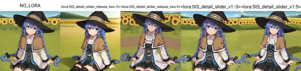 Anime witch character with blue hair sitting in a sunflower field. AI generated image using stable diffusion.
