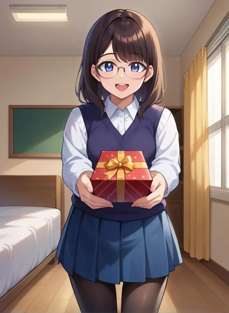 AI generated image using stable diffusion of an anime girl with glasses holding a gift box wrapped with a golden ribbon, standing in a room with a bed and a window.