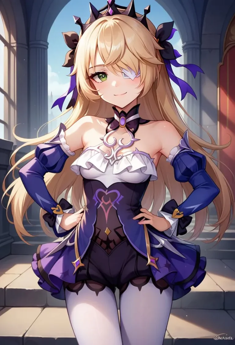 AI-generated image of a cute anime girl with long blonde hair, green eyes, and an eye patch wearing a fantasy outfit with purple and white tones, standing in an elegant hall. Created with Stable Diffusion.