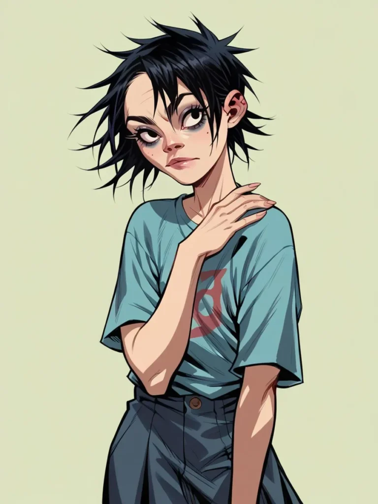 AI generated image of an anime-style girl with short black hair, wearing a blue t-shirt and dark blue pants. She is posed with one hand touching her shoulder, gazing off to the side.