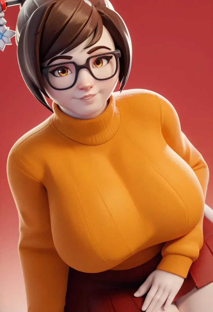 AI generated image using stable diffusion of a 3D anime girl with glasses, wearing an orange sweater and red skirt against a soft red background.