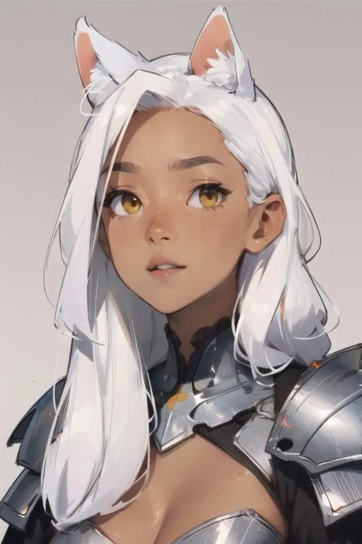 An AI-generated image of an anime girl with long white hair, wearing cat ears and silver armor using Stable Diffusion.