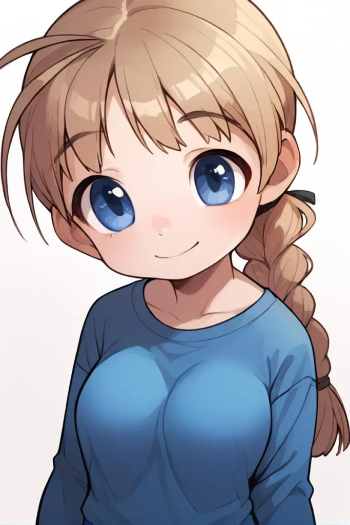 A cute anime girl with large blue eyes and blonde hair styled in a braid. She is wearing a blue long-sleeve shirt. This is an AI generated image using Stable Diffusion.