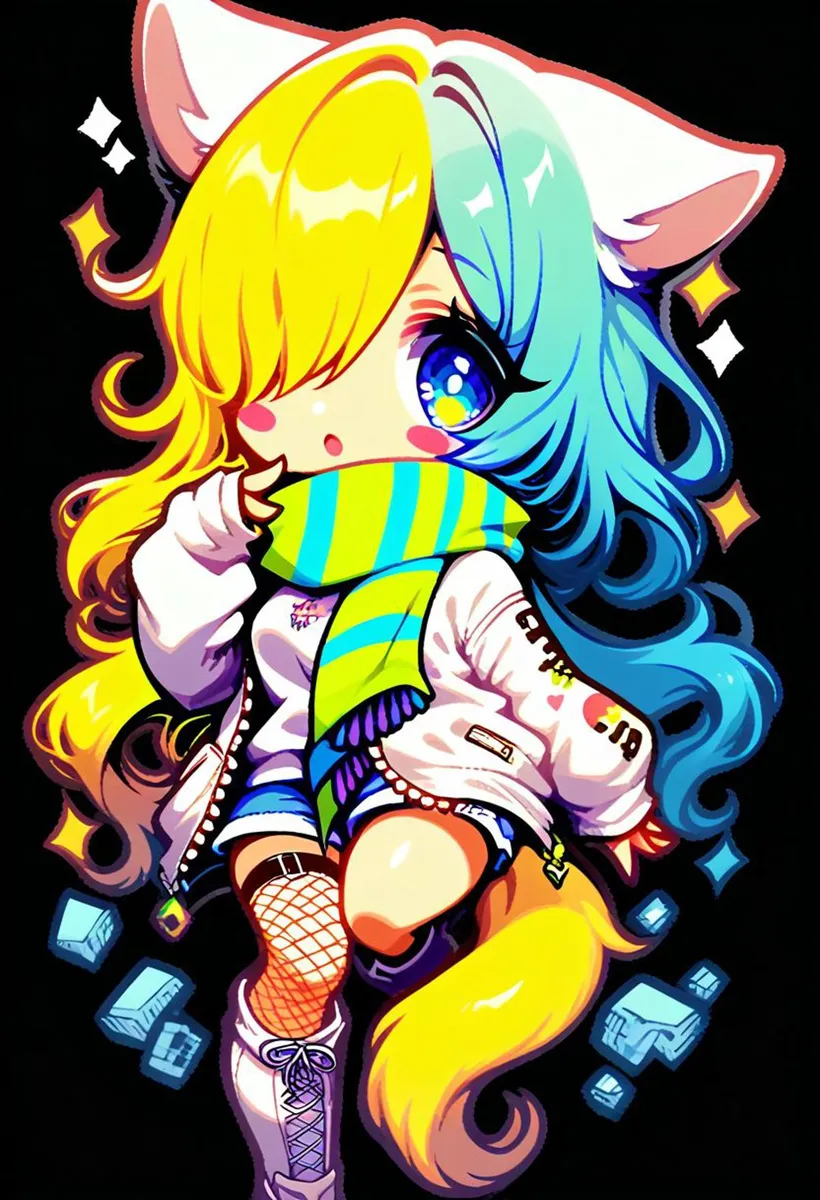 Anime girl in chibi style with a mix of blue and yellow hair, wearing a striped scarf and white jacket, AI generated using Stable Diffusion.