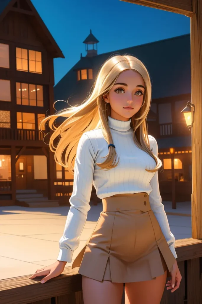 An AI generated image using Stable Diffusion of an anime-style girl with long blonde hair wearing a white turtleneck and a beige skirt, standing by a wooden railing in an evening setting with warmly lit buildings in the background.