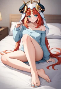Anime girl with red hair wearing a blue off-shoulder top and a fantasy crown, sitting on a bed in a bedroom. AI generated image using Stable Diffusion.