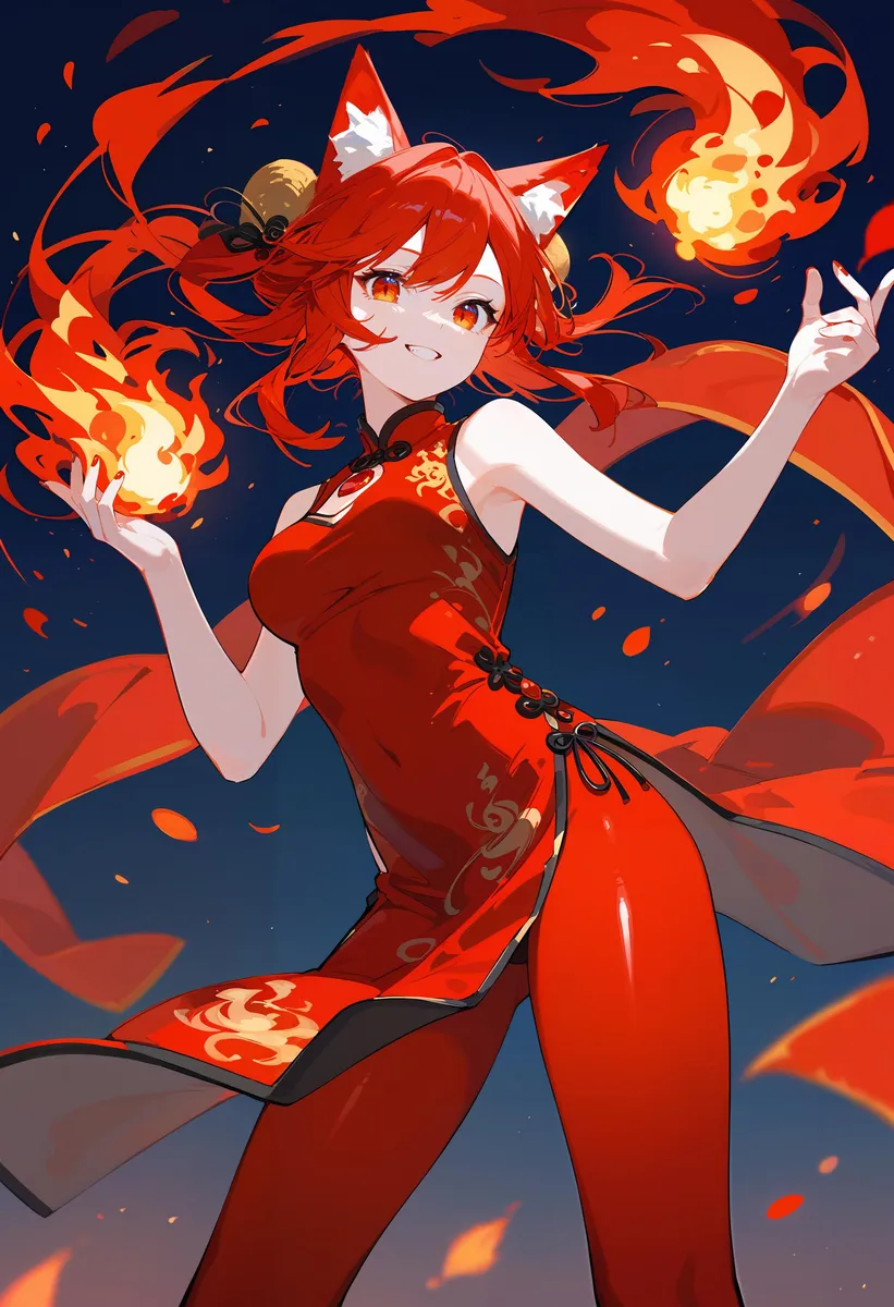 Anime girl with fox ears and red dress, using fire magic in an AI generated image using Stable Diffusion.