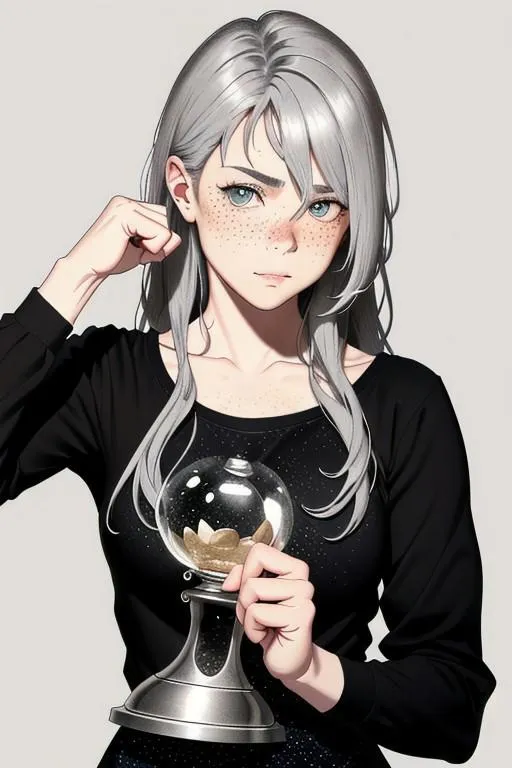 An AI generated image of an anime girl with long gray hair and freckles holds a small gumball machine. She wears a black long-sleeve shirt.