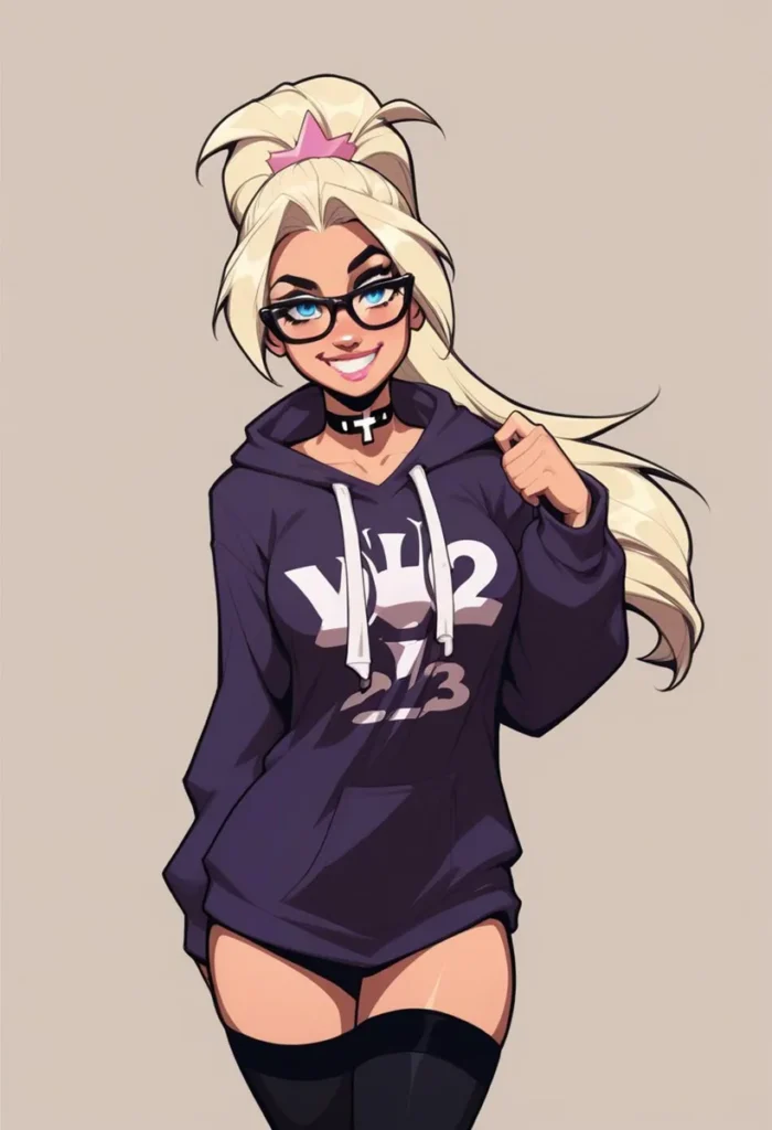 Anime-style girl with long blonde hair, glasses, and a black choker wearing a purple hoodie and thigh-high socks. AI generated image using Stable Diffusion.