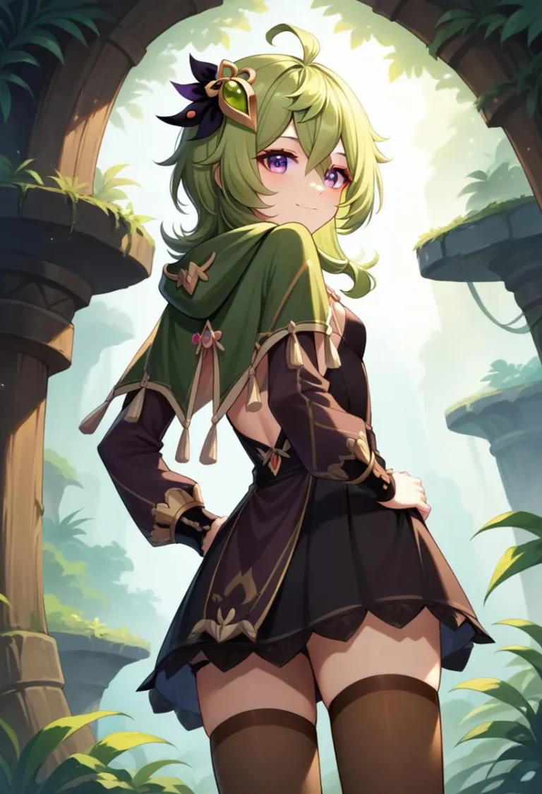 Anime girl with green hair, adorned in a medieval fantasy outfit, standing in a lush, nature-filled ancient ruin setting. AI generated image using Stable Diffusion.