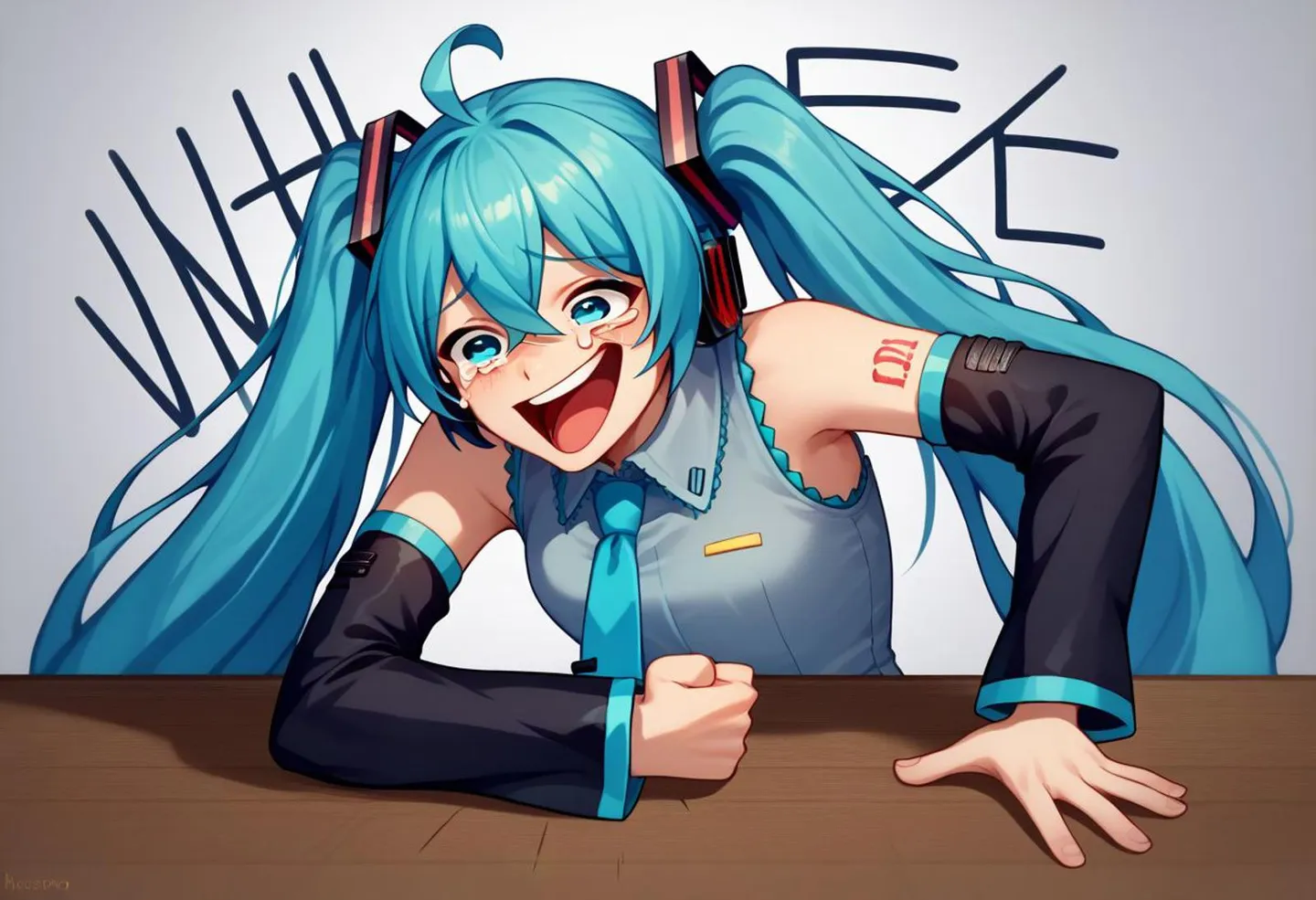 Anime girl with long blue hair laughing with a wide open mouth and cheerful expression. This AI generated image uses Stable Diffusion.
