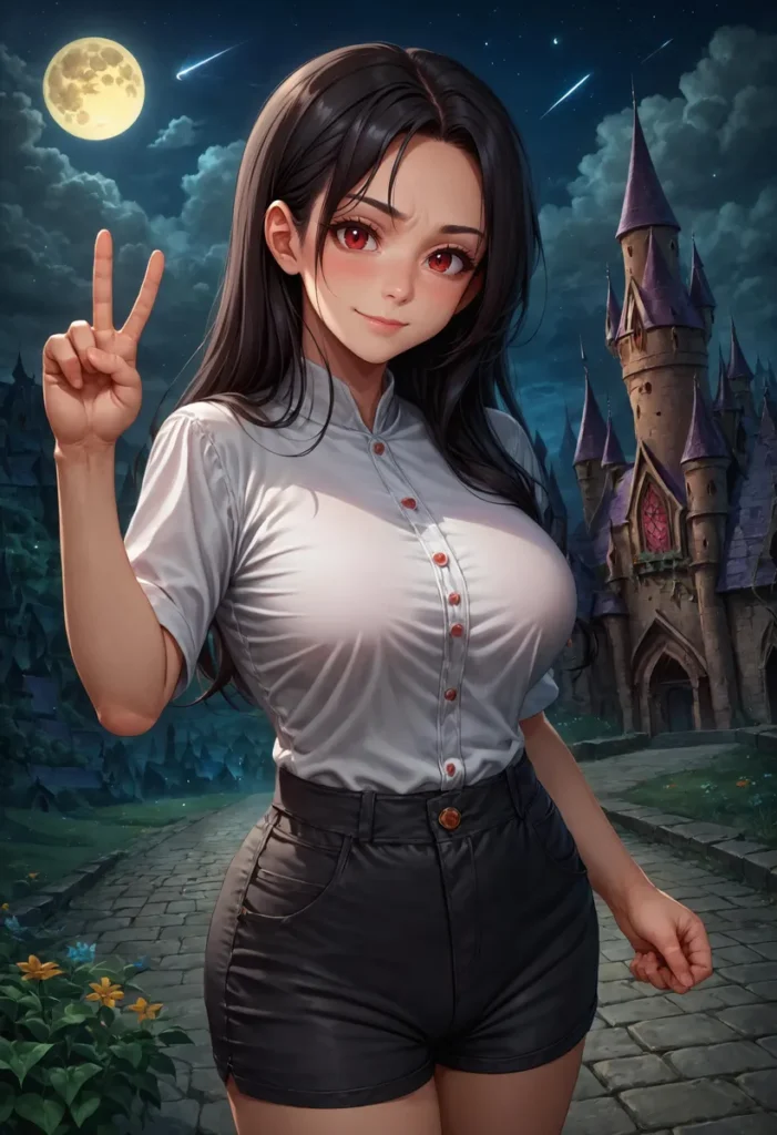 Anime girl with long black hair and red eyes posing with a peace sign near a fantasy castle under a full moon sky. AI generated image using stable diffusion.
