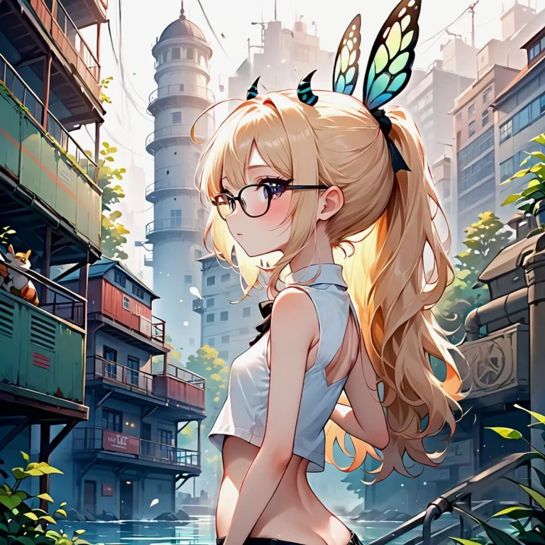 Anime girl with long blonde hair, glasses, and butterfly wings, standing in an urban scene with a whimsical tower and buildings in the background. This is an AI generated image using Stable Diffusion.