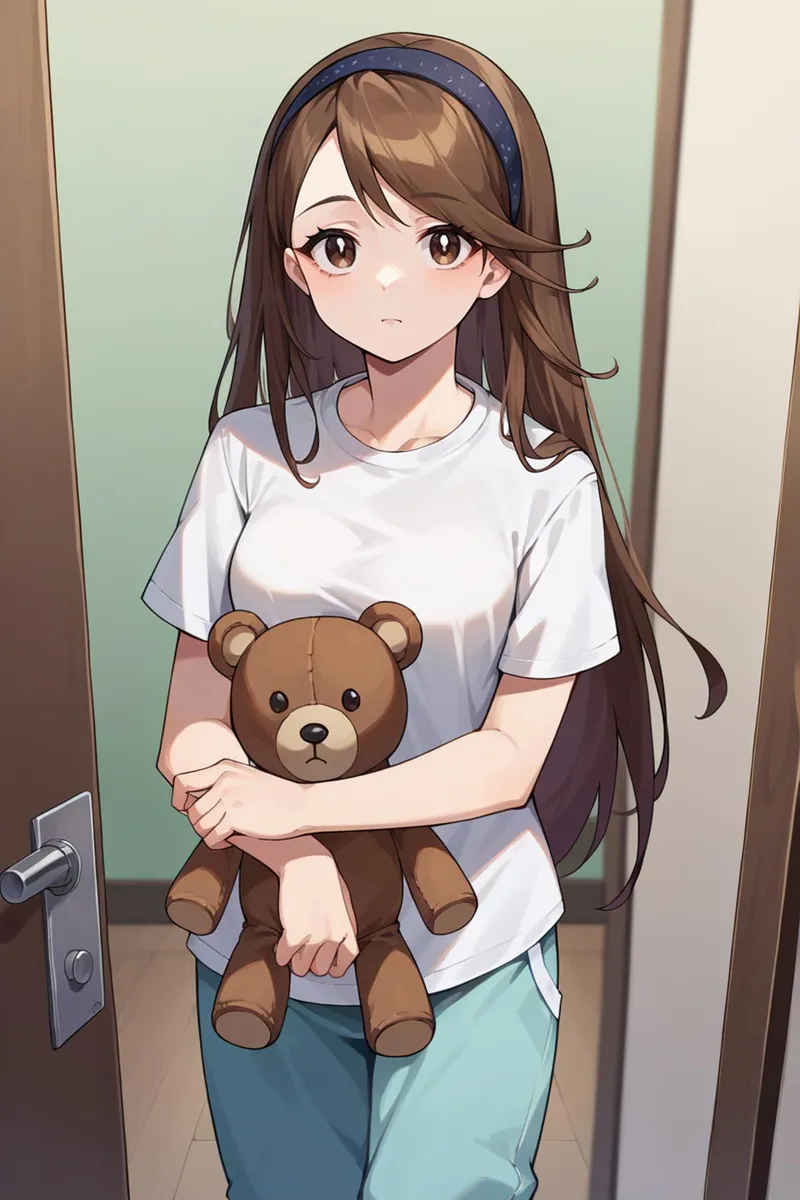 Anime girl with long brown hair wearing a white t-shirt and light blue pants holding a teddy bear. The image is AI generated using stable diffusion.