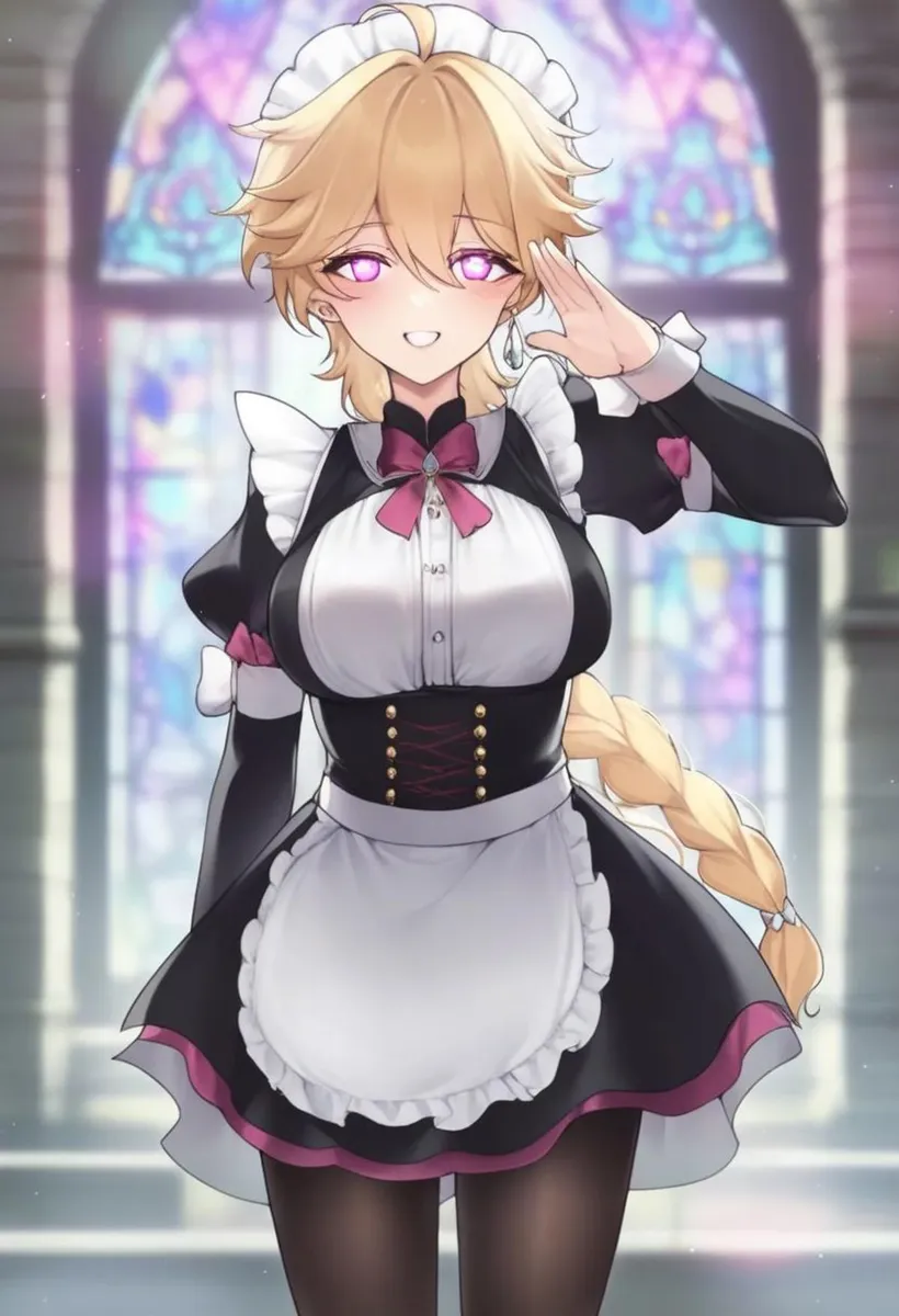 An AI generated image using stable diffusion showing an anime girl with short blond hair, wearing a traditional maid outfit, posing in front of stained glass windows.