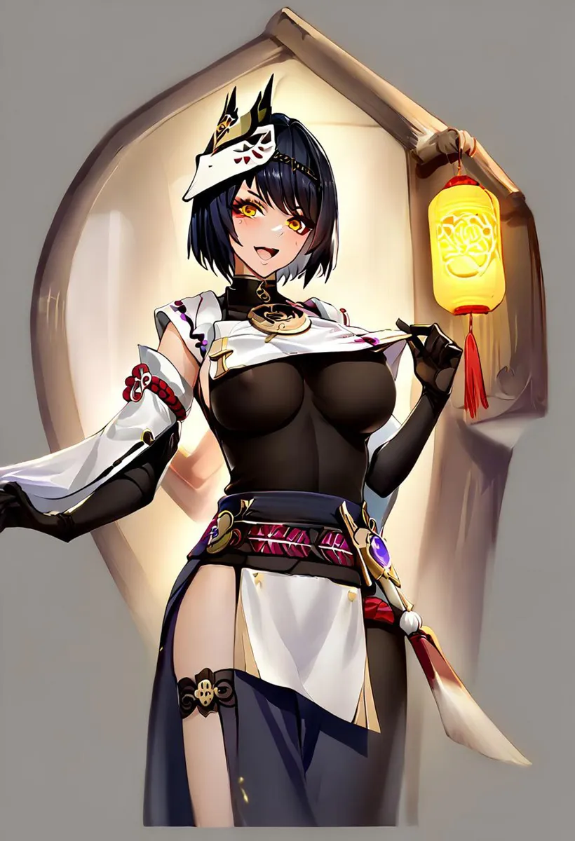 Anime character in intricate warrior attire with dark hair, carrying a lantern, AI generated image using Stable Diffusion.