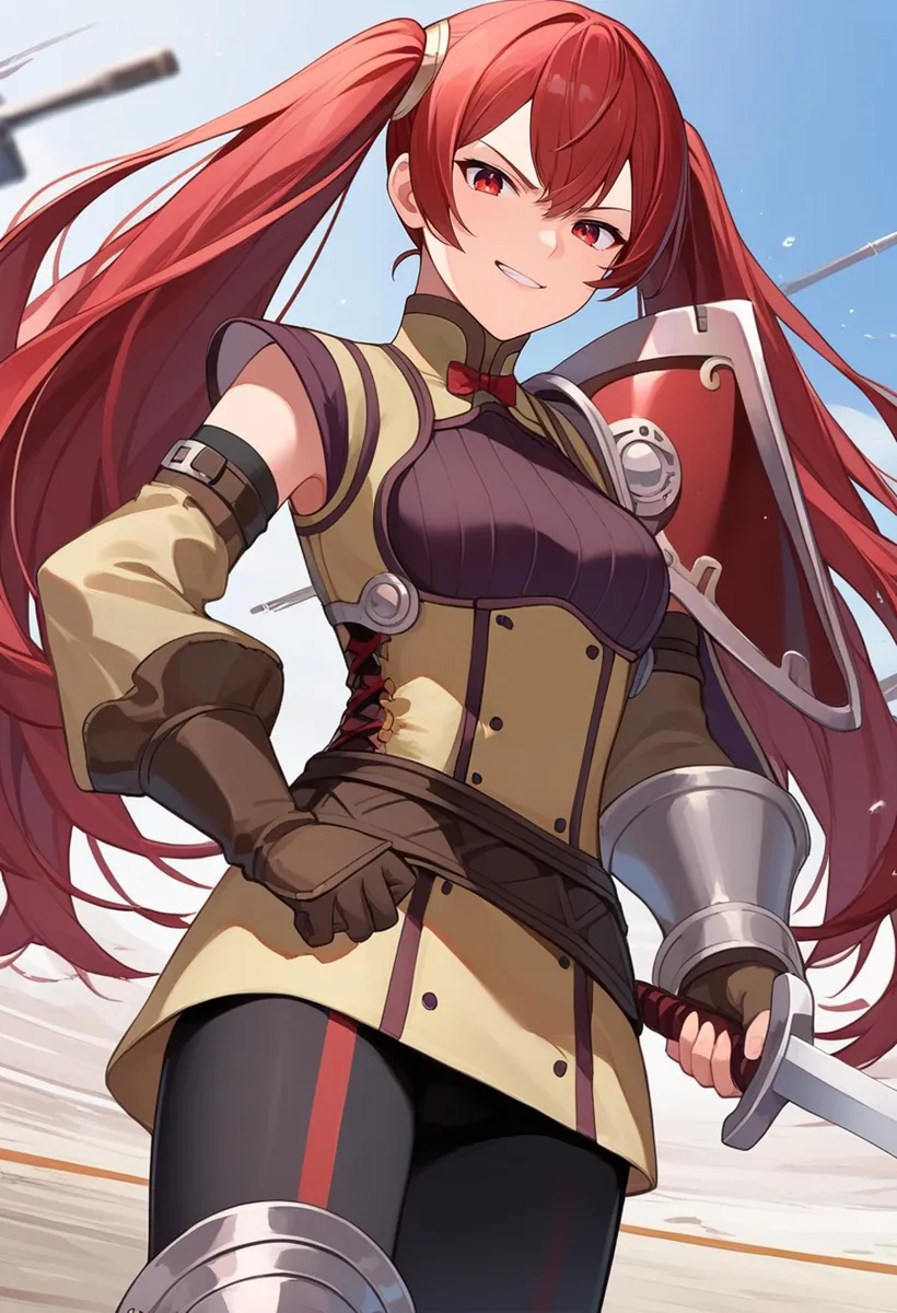 Anime character with red long hair in twin tails, wearing a beige and black knight armor, holding a sword and shield, AI generated using Stable Diffusion.