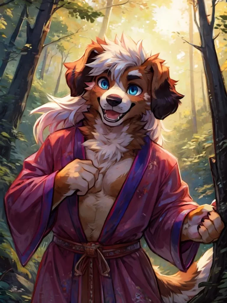 Anime-style anthropomorphic dog with bright blue eyes wearing a purple robe in a sunlit forest. AI generated image using Stable Diffusion.