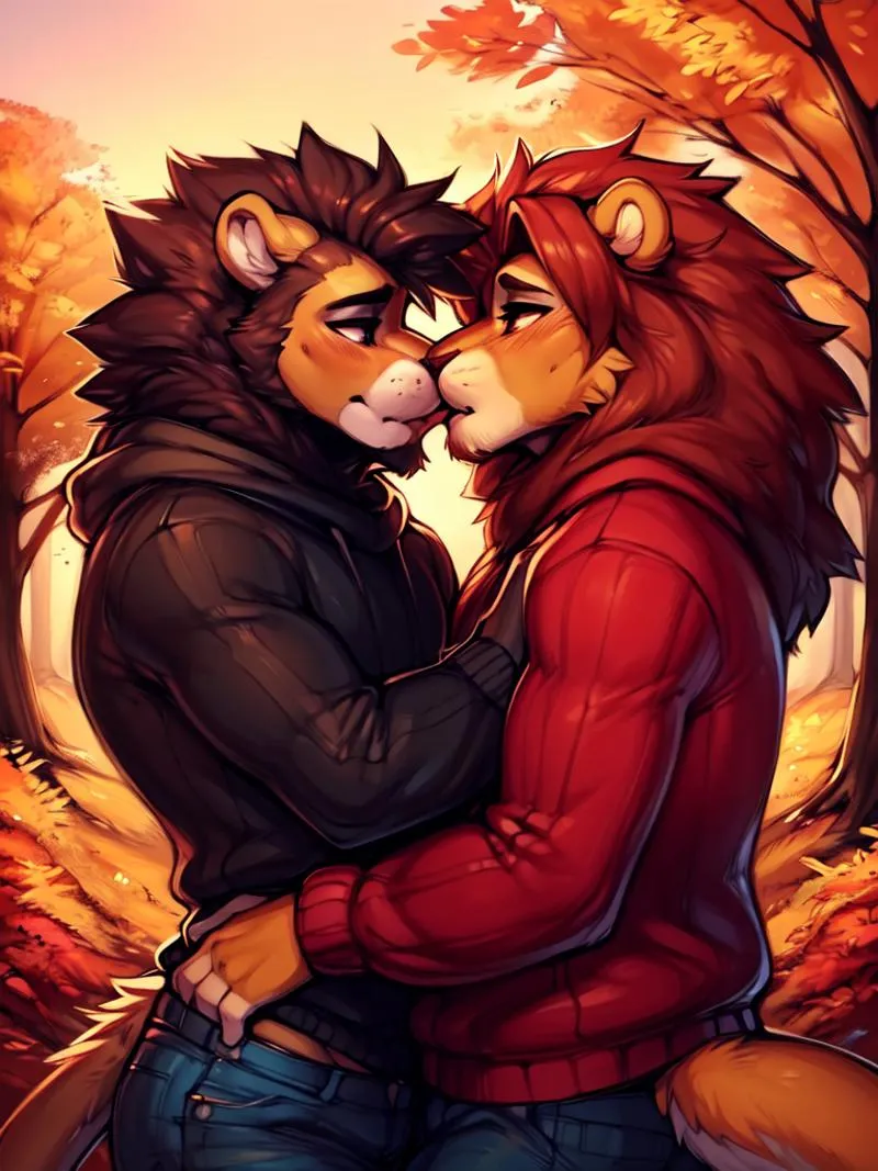 Anthropomorphic lions in a romantic embrace amidst fall foliage, AI generated using stable diffusion.