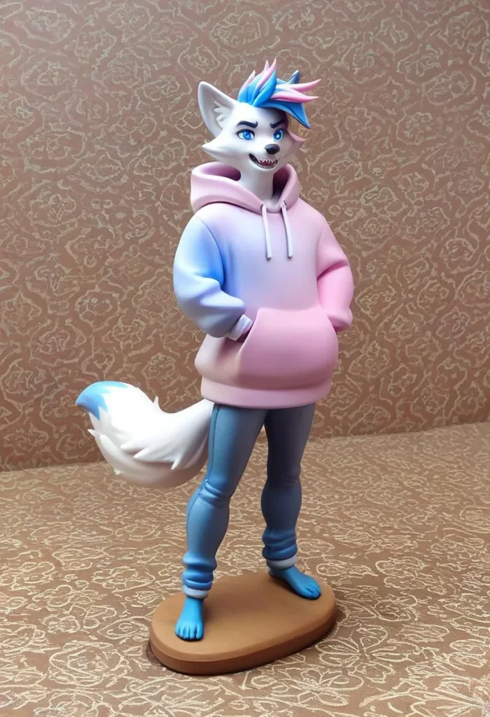 Anthropomorphic wolf cartoon character with blue and pink hair wearing a gradient hoodie with a detailed patterned background. AI generated image using Stable Diffusion.