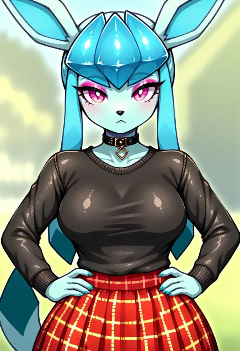 Anthropomorphic character with blue fur, large blue ears, wearing a black top and red plaid skirt, AI generated with stable diffusion.