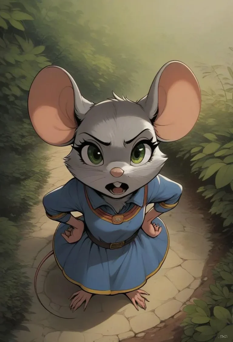 Anthropomorphic mouse with large green eyes, dressed in a blue dress with hands on hips, standing on a path surrounded by greenery. AI generated image using Stable Diffusion.