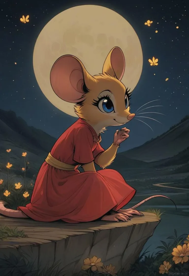 AI generated image using stable diffusion of an anthropomorphic mouse sitting on a rock under a full moon, surrounded by glowing flowers and butterflies.