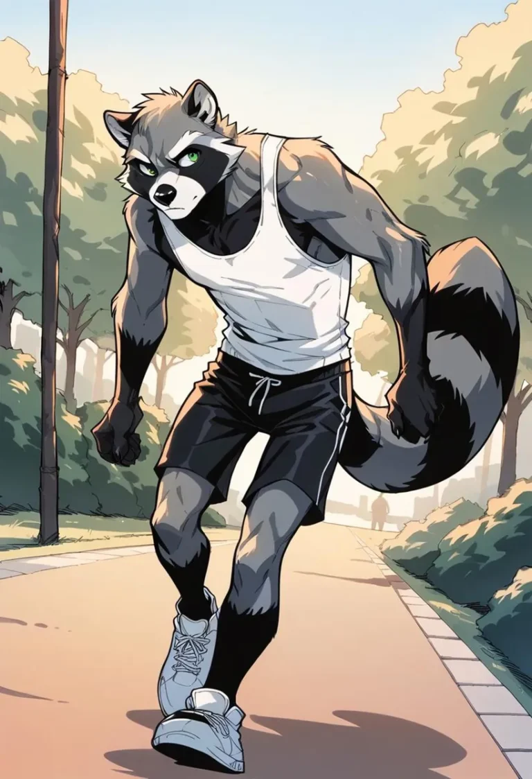 AI generated image of an anthropomorphic raccoon in athletic gear, created using stable diffusion