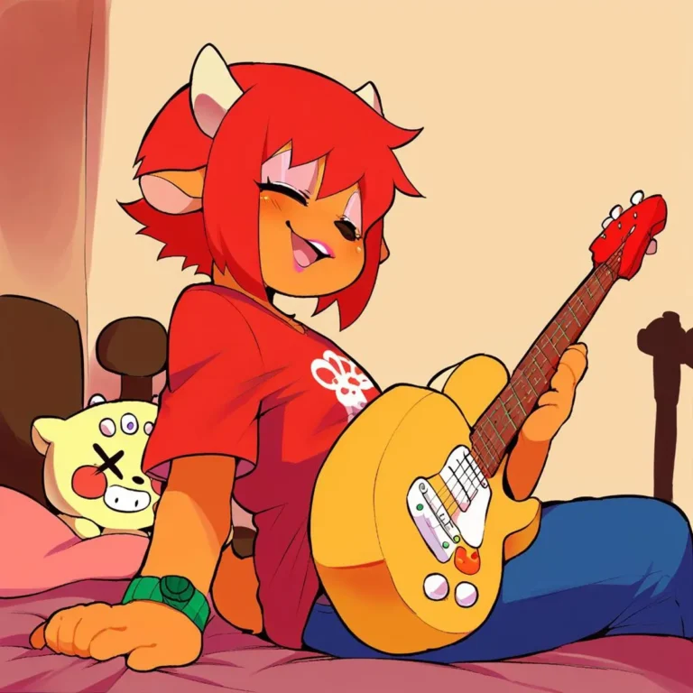 A cute anthropomorphic character with red hair, wearing a red shirt and blue pants, playing a yellow electric guitar while sitting on a bed next to a plush toy, generated using Stable Diffusion.