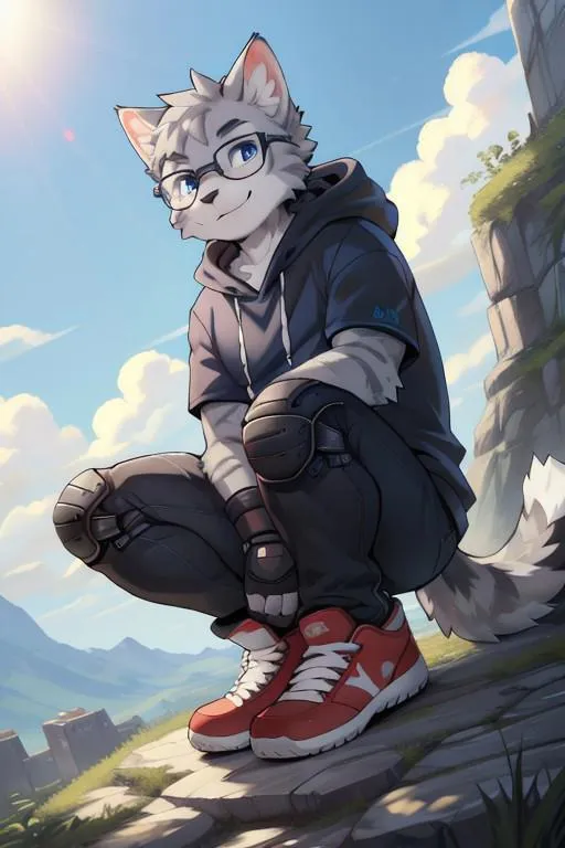 Anthropomorphic cat wearing glasses and casual clothing sitting on a ledge in an anime style. AI generated using Stable Diffusion.