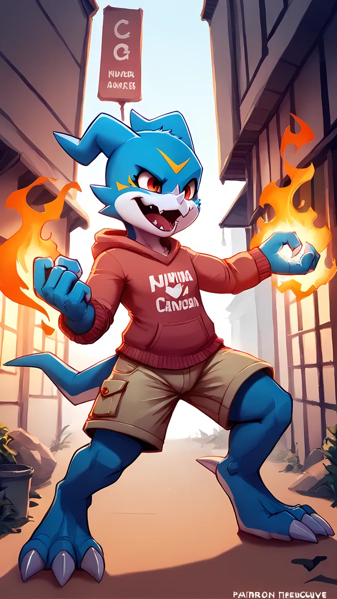 AI generated image using stable diffusion of a blue anthropomorphic character with sharp teeth and a hoodie, standing in an urban street and manipulating fire in its hands.