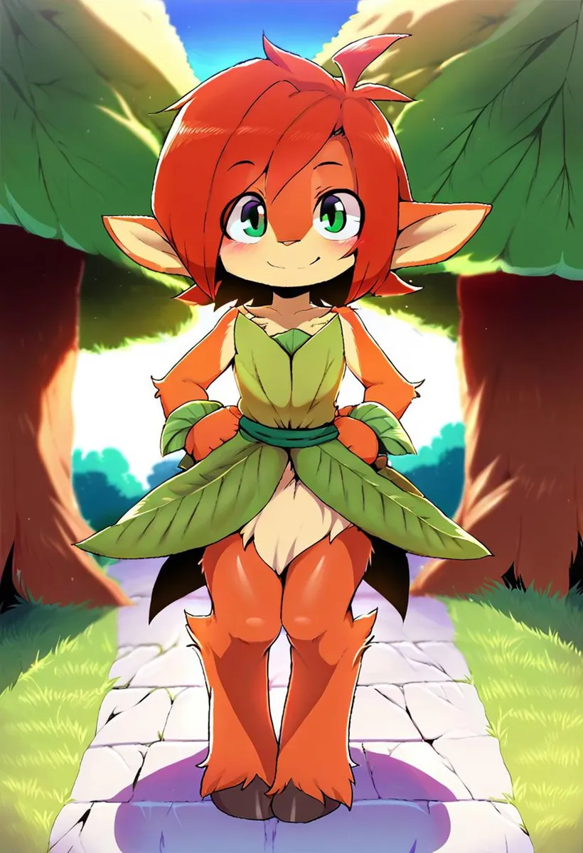 An AI generated image using Stable Diffusion, featuring an anthropomorphic character with red hair, green eyes, fox-like ears, dressed in green leafy attire, standing on a stone path with a scenic background of big trees and blue sky.