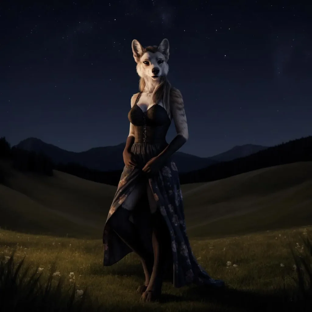 Anthropomorphic coyote dressed in a dark dress standing in a night landscape with stars, AI-generated using Stable Diffusion.