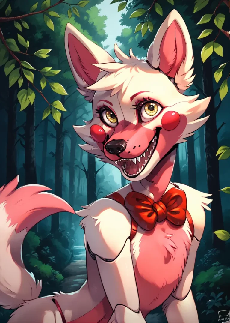 AI generated image of an anthropomorphic fox with white and pink fur, including red cheek marks and a red bow tie, set against a forest background using Stable Diffusion.