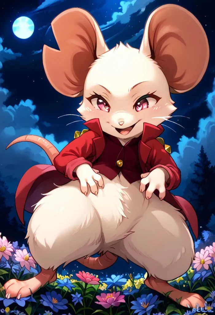Anthropomorphic mouse character in anime style, wearing a red outfit and standing in a colorful flower field under a full moon. AI generated image using stable diffusion.