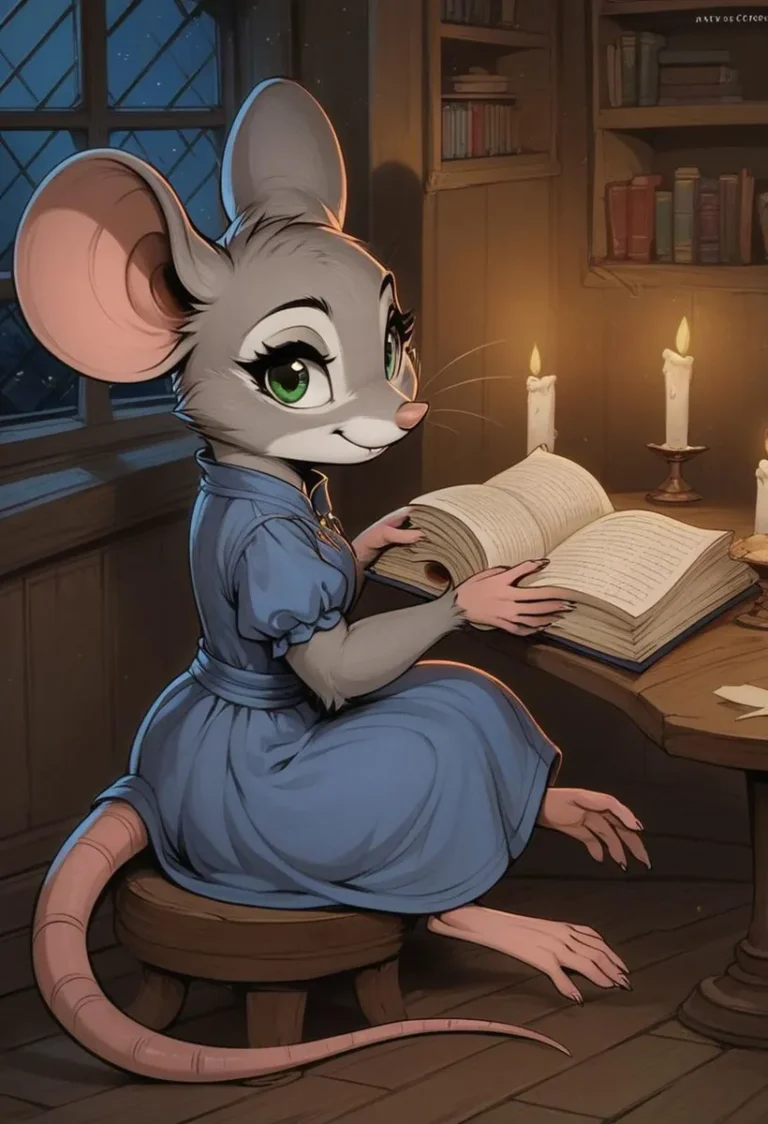 An anthropomorphic mouse wearing a blue dress is reading a book by candlelight in a cozy room. This is an AI-generated image using Stable Diffusion.