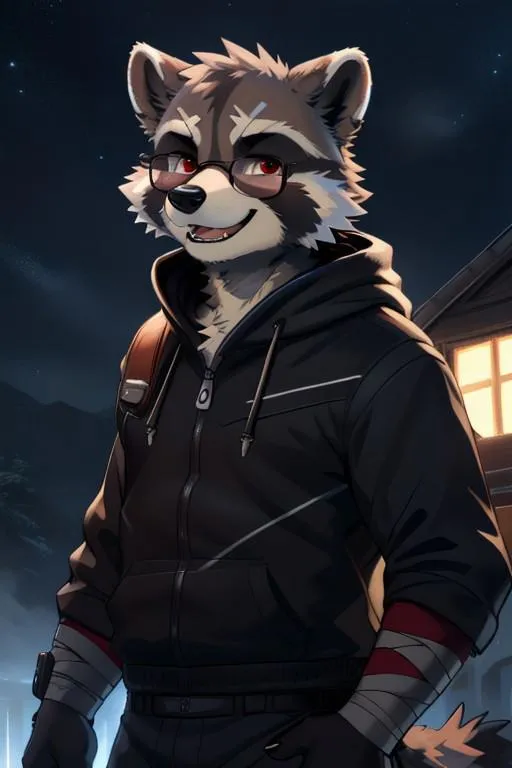 An anthropomorphic raccoon dressed in a black hoodie and glasses, rendered in anime style using Stable Diffusion AI.