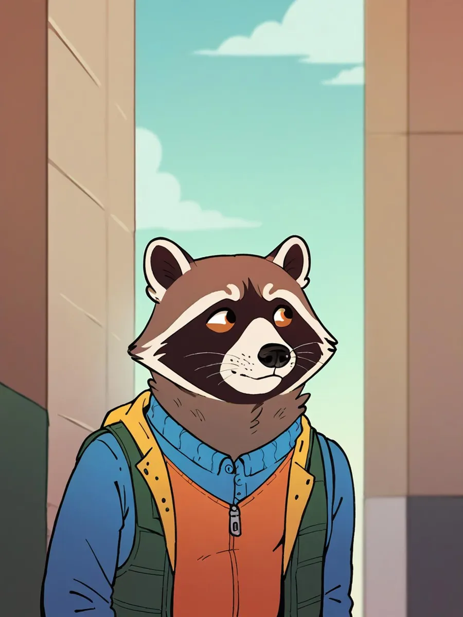 Anthropomorphic raccoon wearing casual clothes in an urban alley. This is an AI generated image using Stable Diffusion.