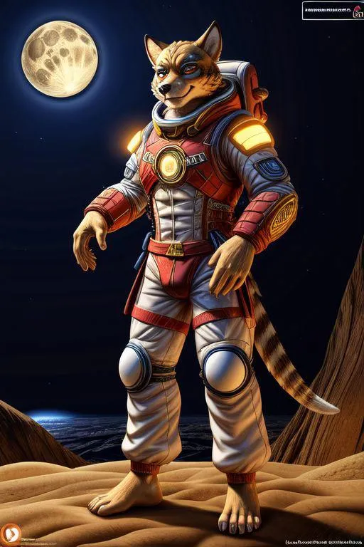 Anthropomorphic animal in a space suit standing on an alien planet with a full moon in the background. AI-generated image using Stable Diffusion.