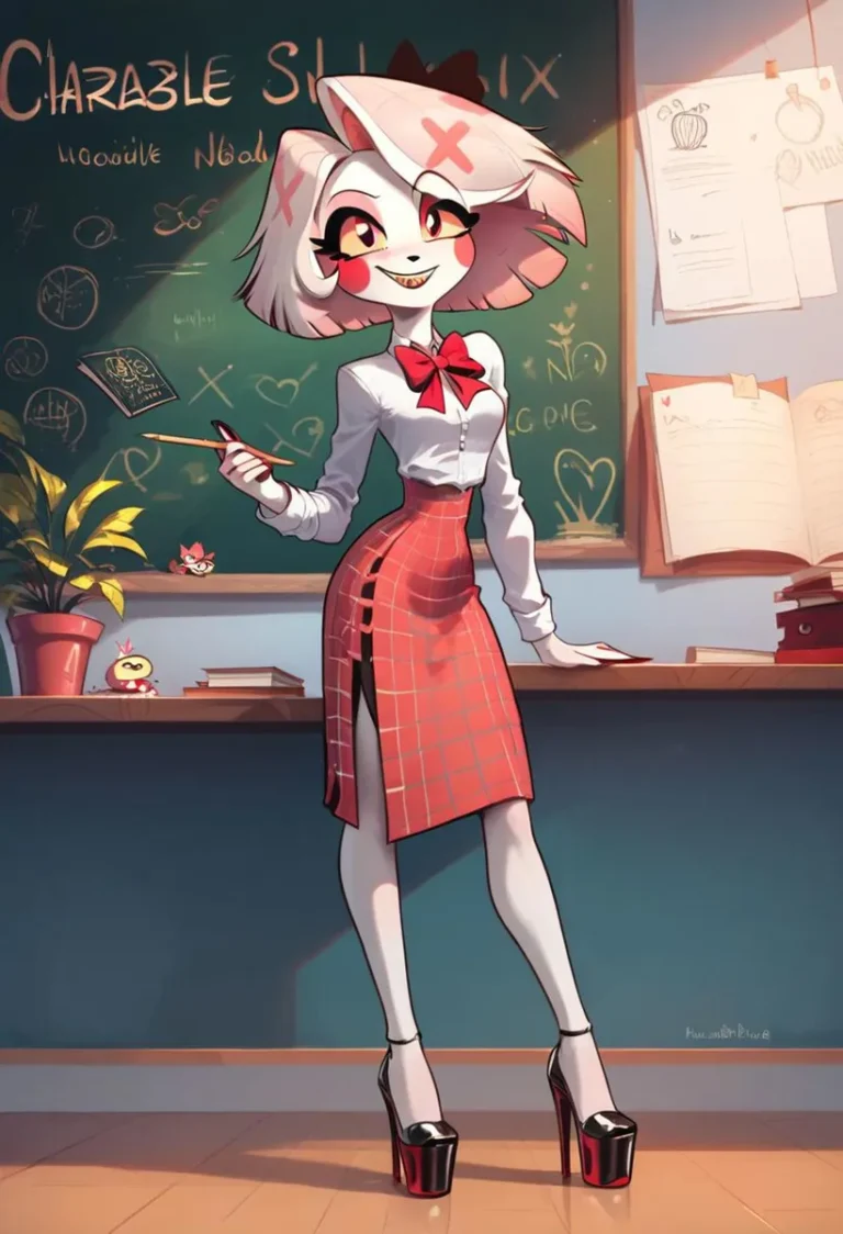 Anthropomorphic teacher in an anime style classroom, AI image created using Stable Diffusion.