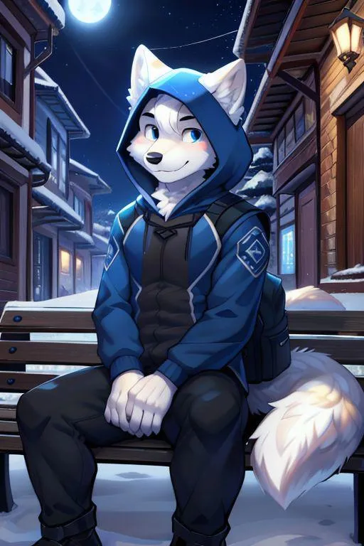 An anthropomorphic wolf wearing a blue hoodie, sitting on a bench during a winter night with snow-covered surroundings, generated using Stable Diffusion.