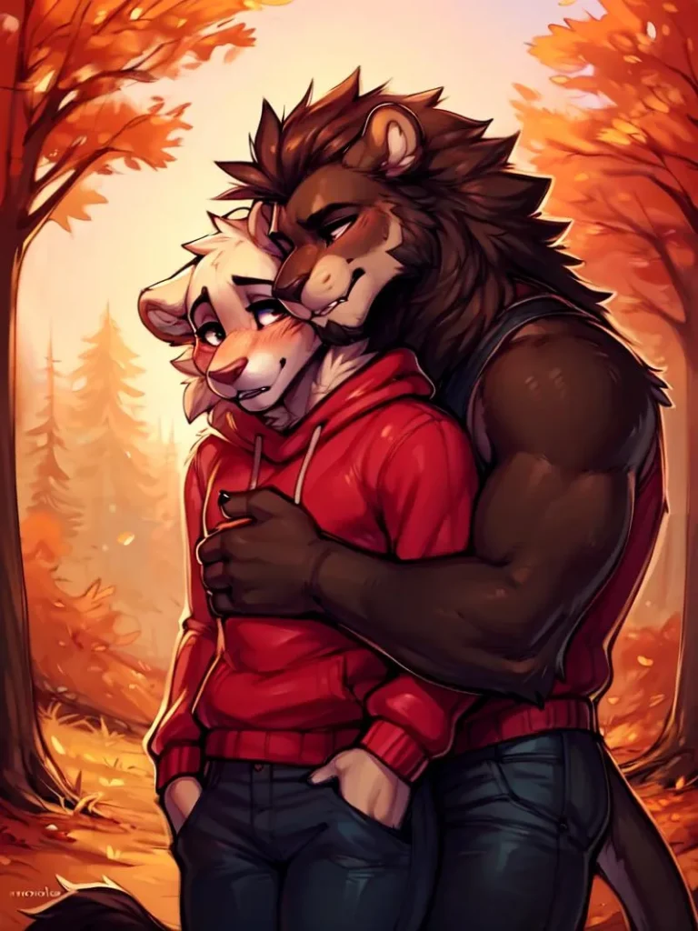 Anthropomorphic lion and wolf in a romantic embrace in an autumn forest, AI generated using Stable Diffusion.