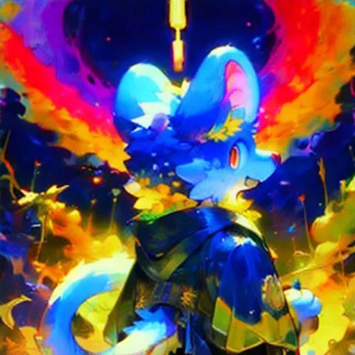 An AI generated image using Stable Diffusion featuring an anthropomorphic character with blue and yellow fur, wearing a detailed cloak, set against a colorful, vibrant fantasy backdrop.