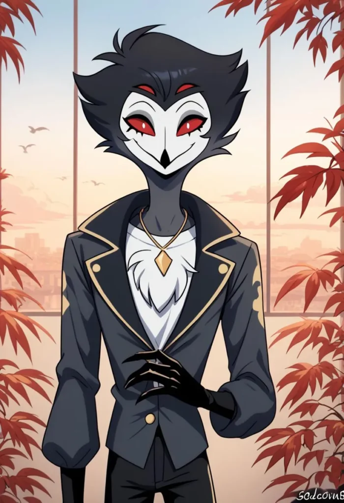 An anthropomorphic character with a sleek dark blazer, surrounded by autumn leaves and a cityscape backdrop, AI generated using stable diffusion.