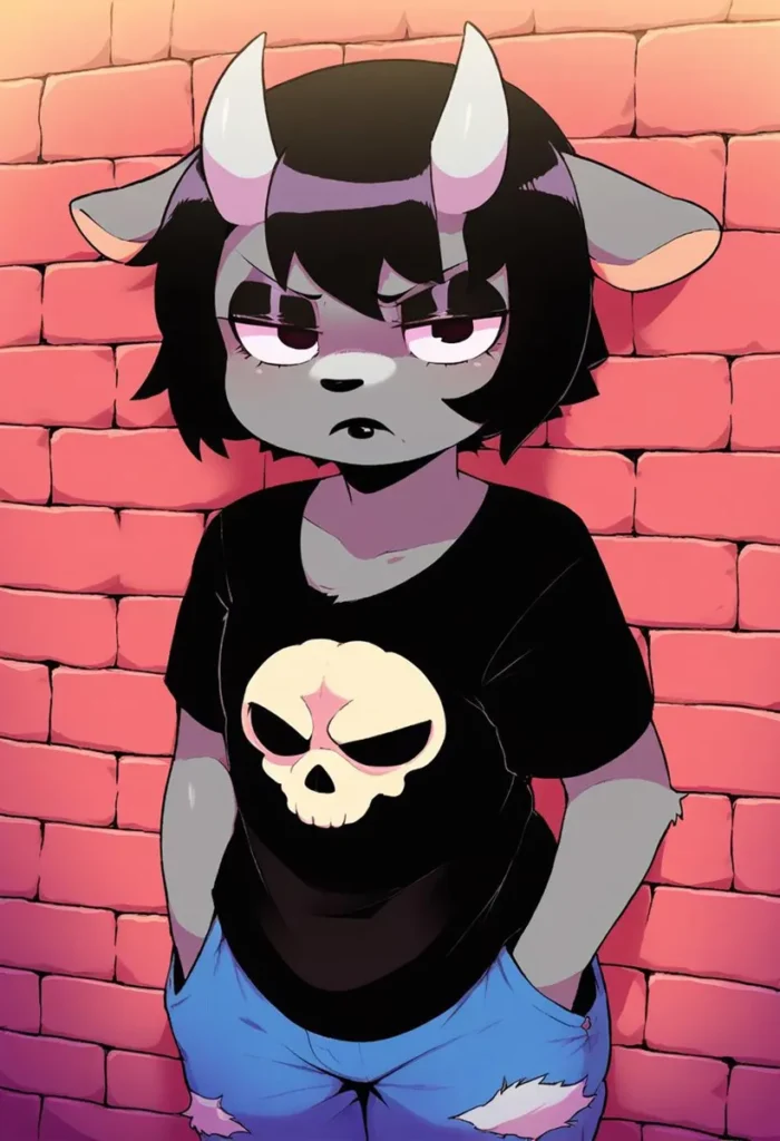 Anthropomorphic character with horns, black hair, and a skull t-shirt standing against a pink graffiti wall. This is an AI-generated image using Stable Diffusion.
