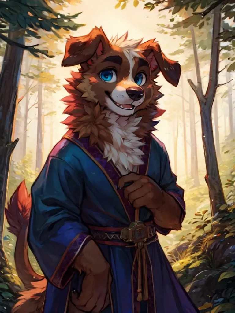 An anthropomorphic dog with blue eyes and a cheerful expression, dressed in a detailed blue robe with a belt, standing in a sunlit forest. AI generated image using stable diffusion.